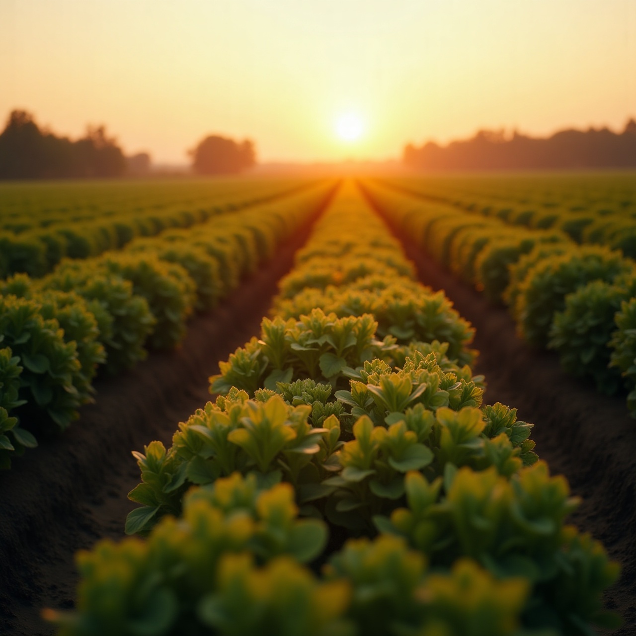 rows of crops at sunrise