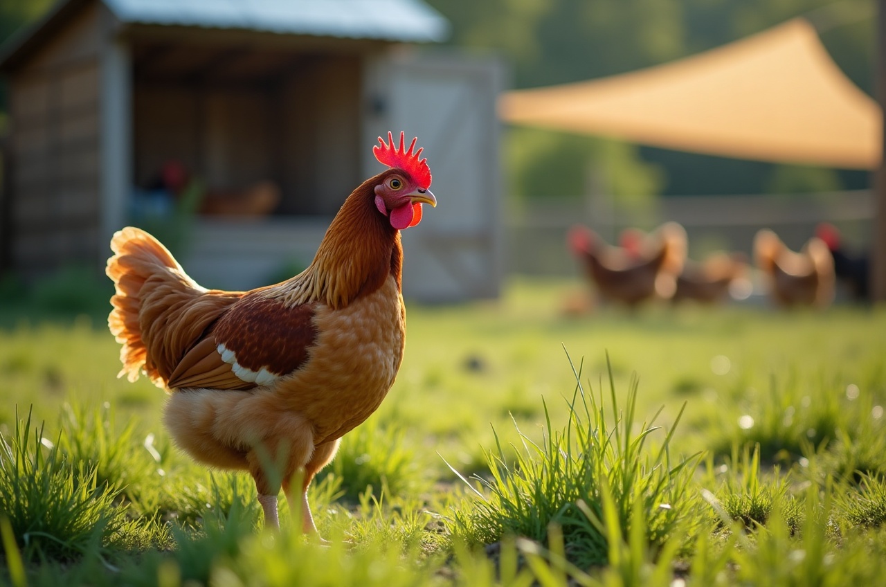 A pastured chicken in a grassy paddock with a mobile coop and shade cloth in the background, morning light