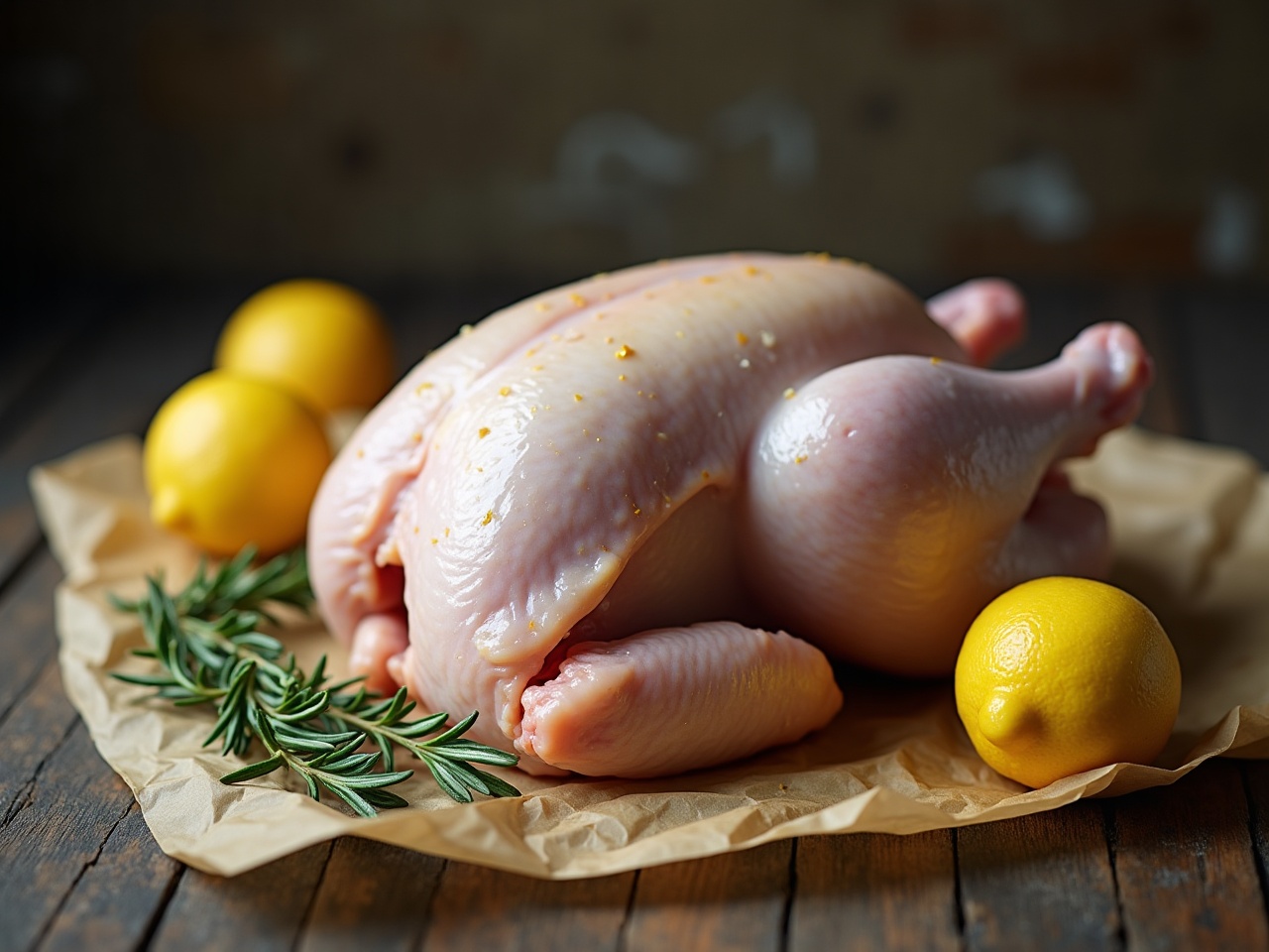 A whole raw chicken on butcher paper with rosemary and lemon beside it