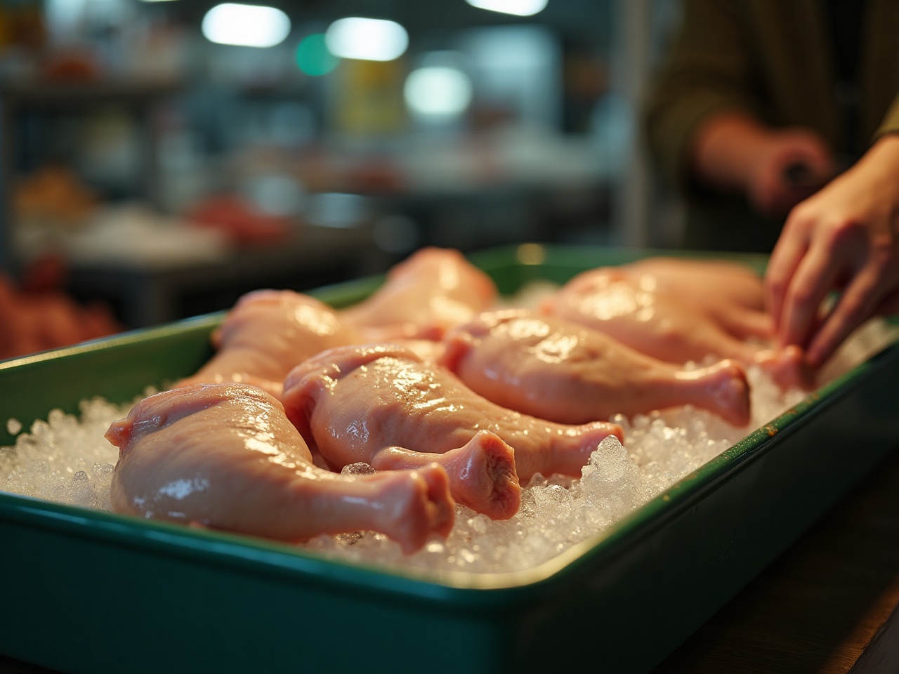 A tray of bone-in chicken thighs on ice at a market stall