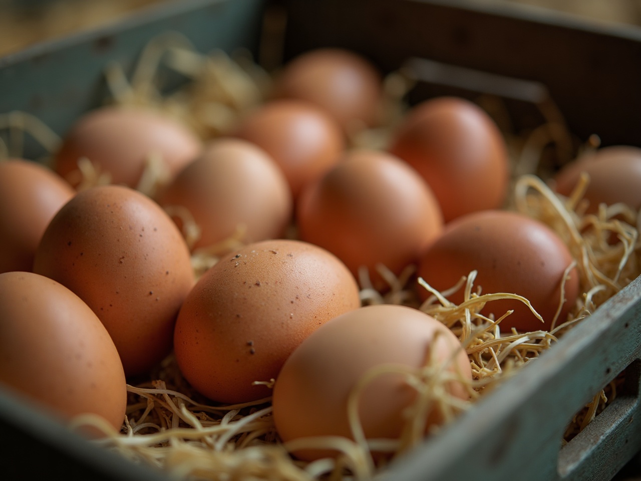 A wooden crate of brown speckled eggs with straw