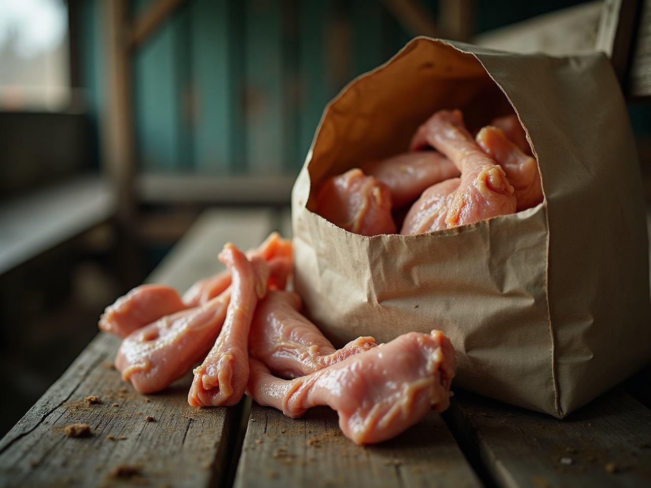 A paper bag of chicken frames and bones on a wooden bench