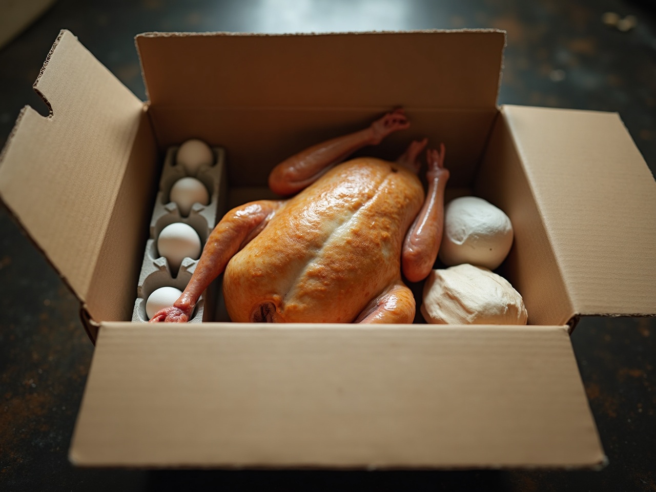 An open cardboard farm box with a whole chicken, egg carton and bagged bones