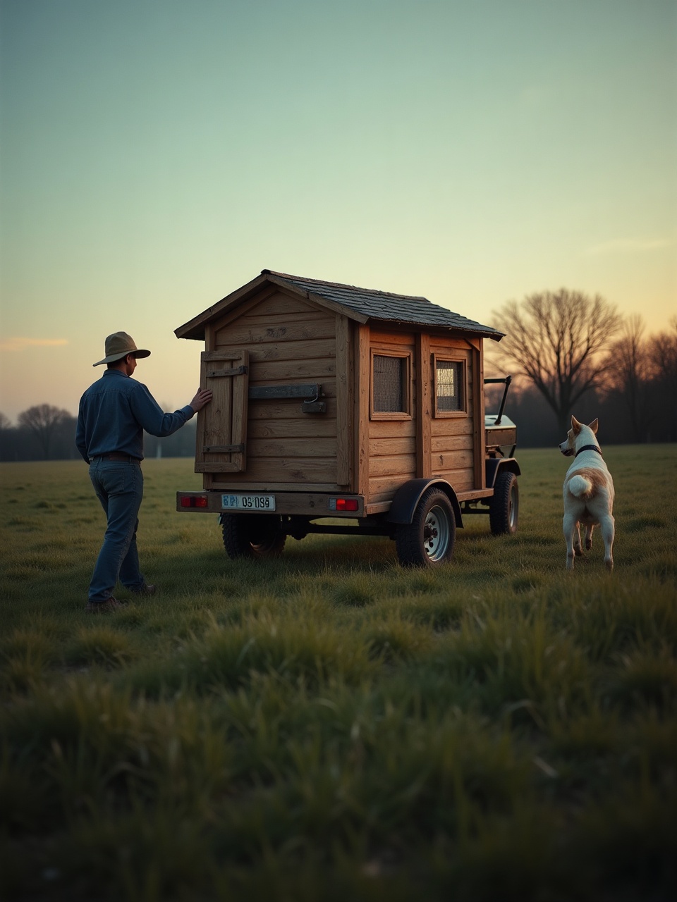 A farmer moving a mobile chicken coop across a paddock at dusk, dog nearby