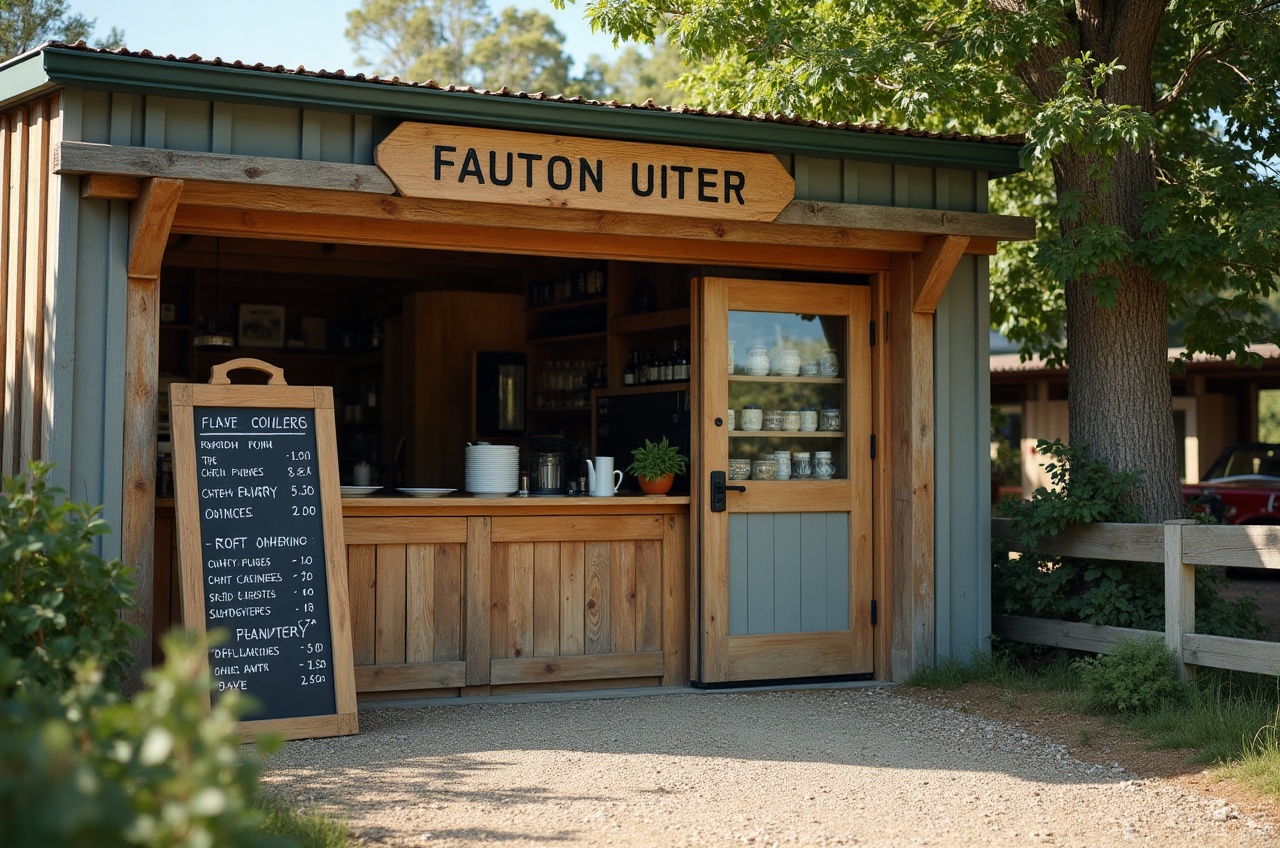 A timber farm gate stall with a chalkboard price list and a chiller cabinet, gravel driveway leading in